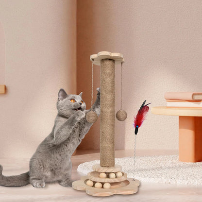 Cat Scratching Post, 4-in-1 Wooden Cat Scratching Toy, 46cm Tall Scratching Post with Horizontal Cat Tracking Ball and 2 Ball