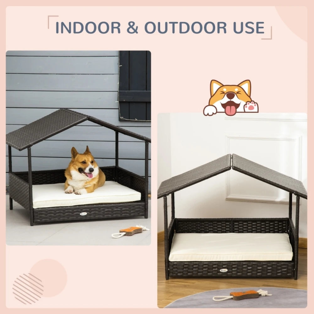 PINGGO Wicker Dog House, Rattan Pet Bed, with Removable Cushion, Canopy, for Small and Medium Dogs - Cream