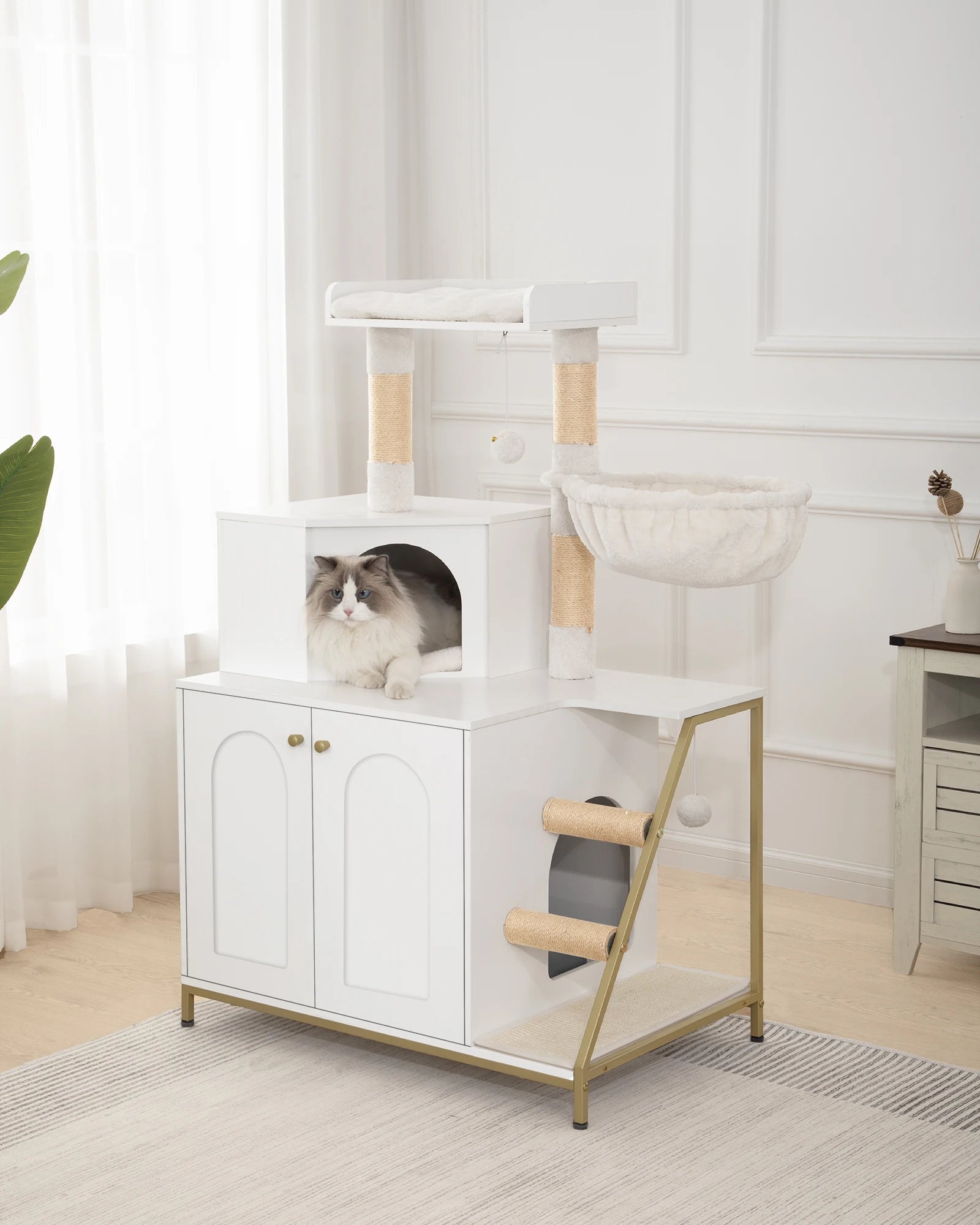 Cat Scratching Post with Cat Litter Cabinet, Cat Cabinet, 4-in-1 Modern Cat House with Large Platform, with Sisal Scratching Mat