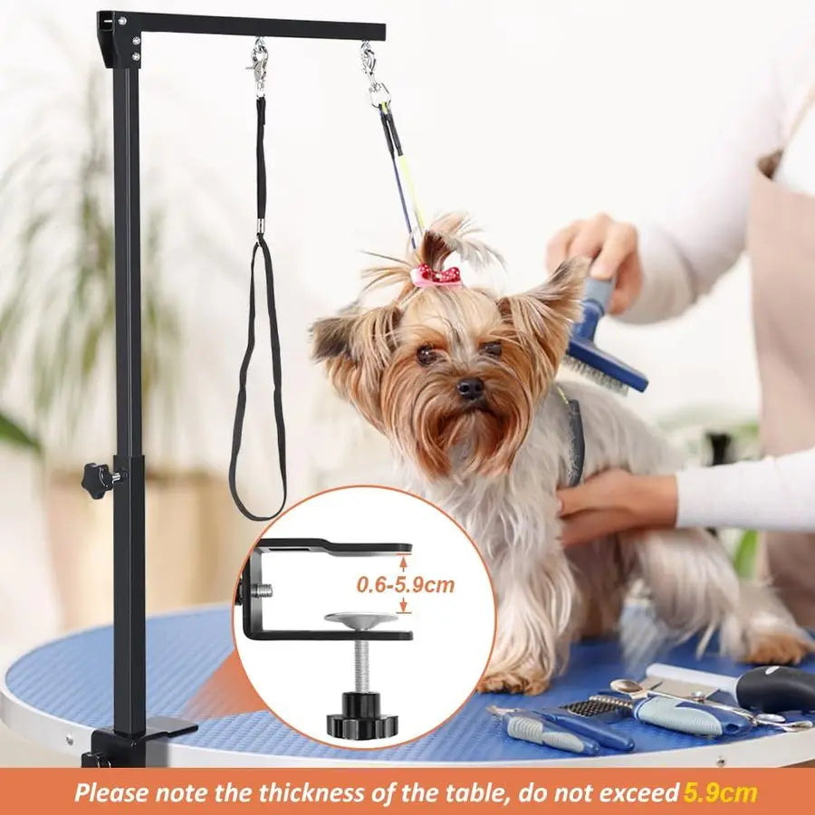 Grooming Arm with Clamp, Adjustable Dog Grooming Table Arm with Two No Sit Haunch Holder amp Hammock Harness, Foldable Pet Groo