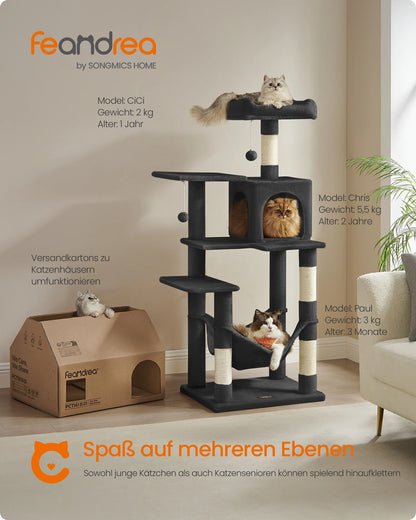 Feandrea scratching post, 143 cm high, cat tree, multi-storey cat house, with 4 scratching pillars, 2 platforms, hammock, Cave
