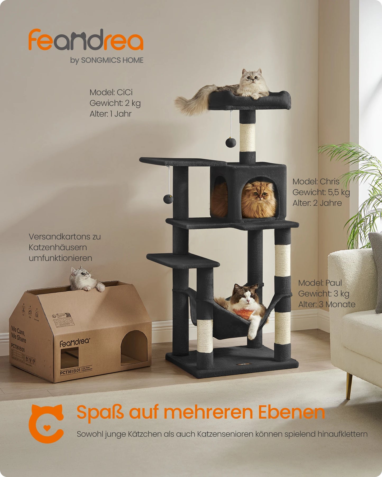 Feandrea scratching post, 143 cm high, cat tree, multi-storey cat house, with 4 scratching pillars, 2 platforms, hammock, Cave