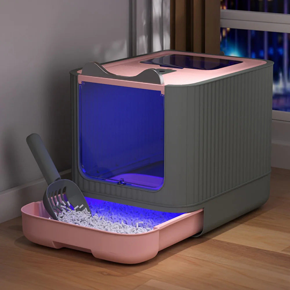 Multifunctional Cat Litter Box with Lid, Plastic Pet Toilet, Removable Litter Box, Large Cat Litter Box Hooded Litter Tray Drawer, UV Sterilization and Deodorization It Can Provide Your Cat with A Comfortable Place for Using The Toilet, 44.5x36.5x34.5cm,