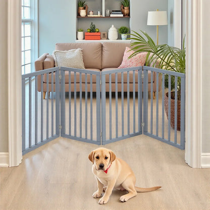 Wooden Foldable Dog Gate with Support Feet, Foldable Safety Pet Fence Freestanding Indoor Barrier for House, Doorway, Stairs, 3/4 Panels
