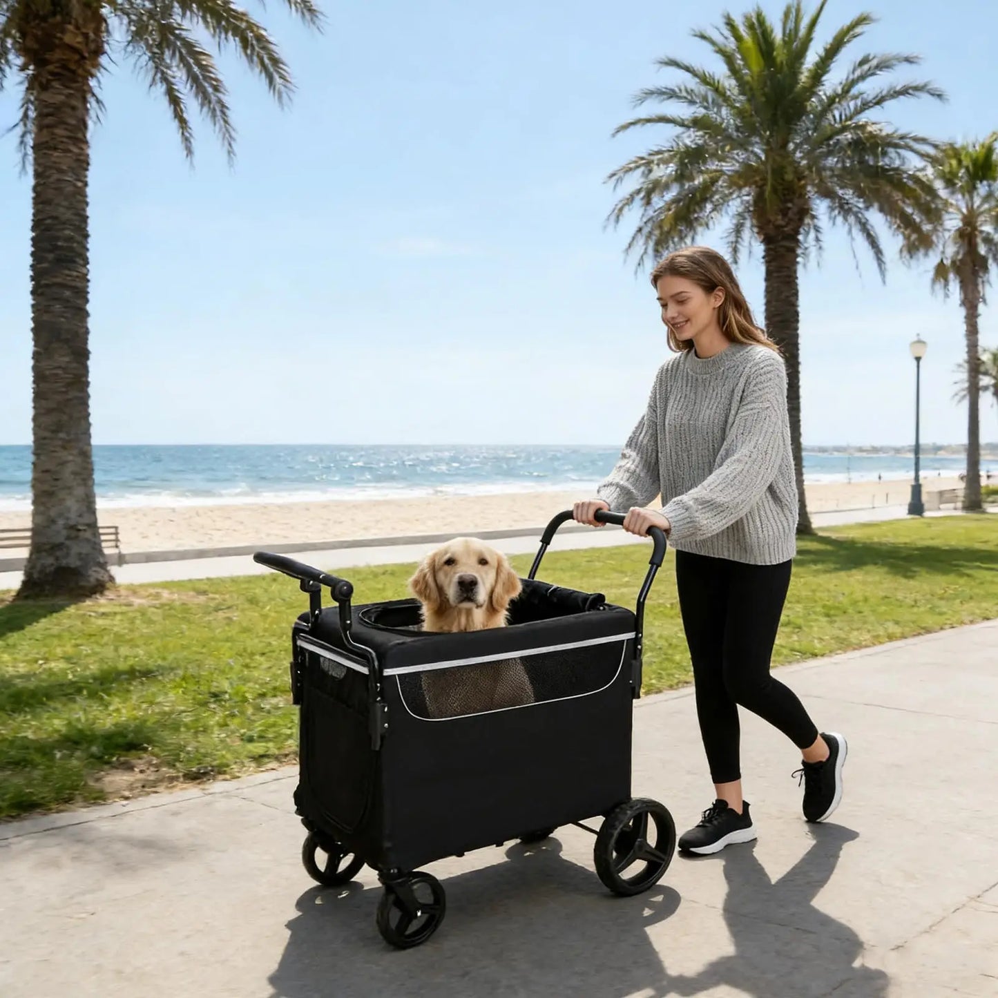 Heavy Duty Dog Pushchair Up To 50kg, Foldable Pet Stroller For Large Injured Senior Dogs, With 360° Wheels & Safety Lead