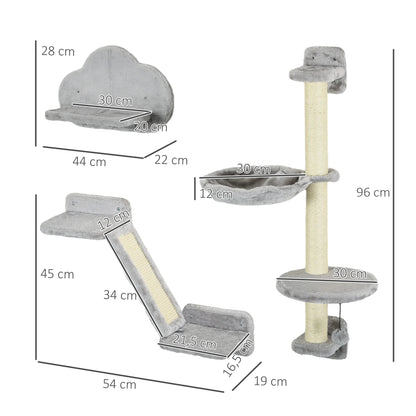 Pawhut 3-Piece Cat Climbing Wall Set with Hammock Ramp with Scratching Post Cloud-Shaped Platform Gray