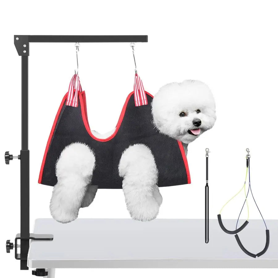 Grooming Arm with Clamp, Adjustable Dog Grooming Table Arm with Two No Sit Haunch Holder amp Hammock Harness, Foldable Pet Groo