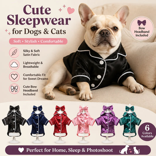 Chic Satin Dog Pajamas Set - Soft Cute Pet Sleepwear with Bow Headband Costume
