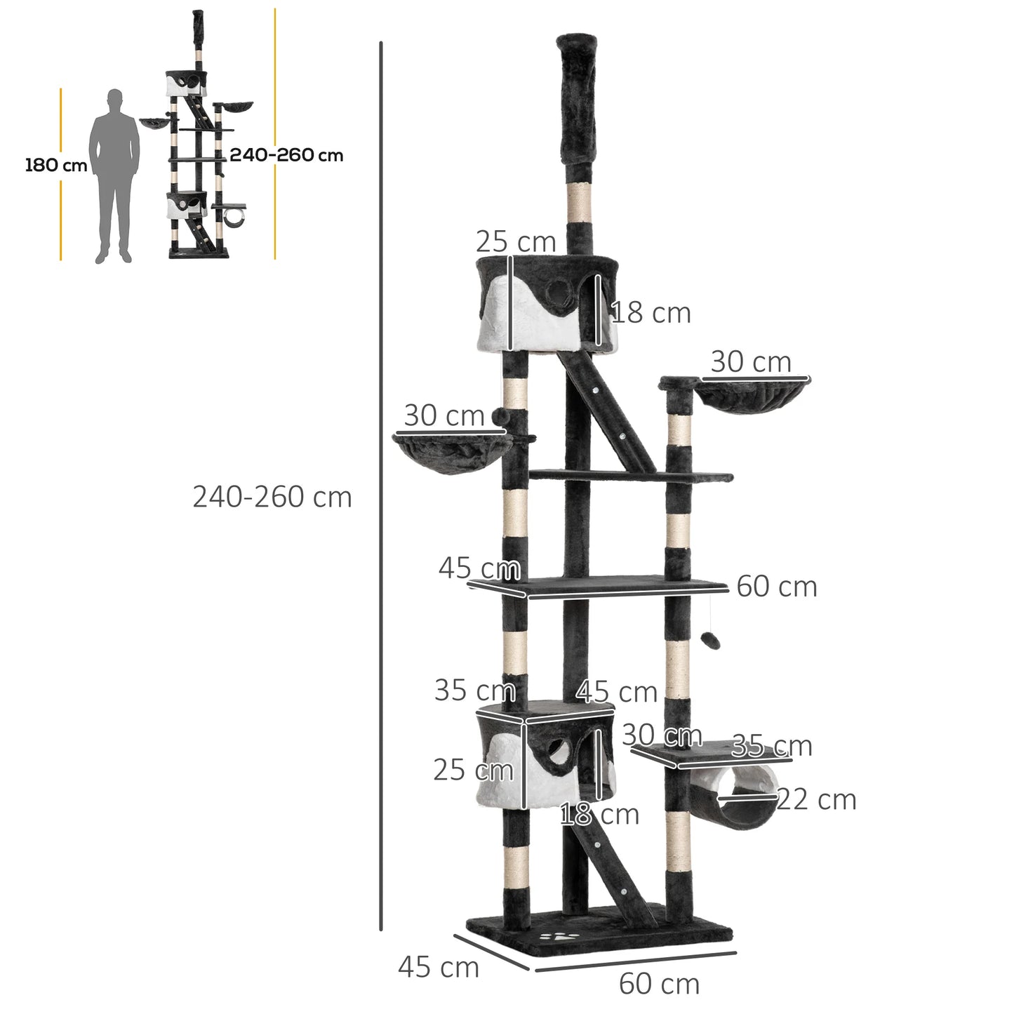 PawHut 240-260cm Floor to Ceiling Cat Tree with Scratching Posts