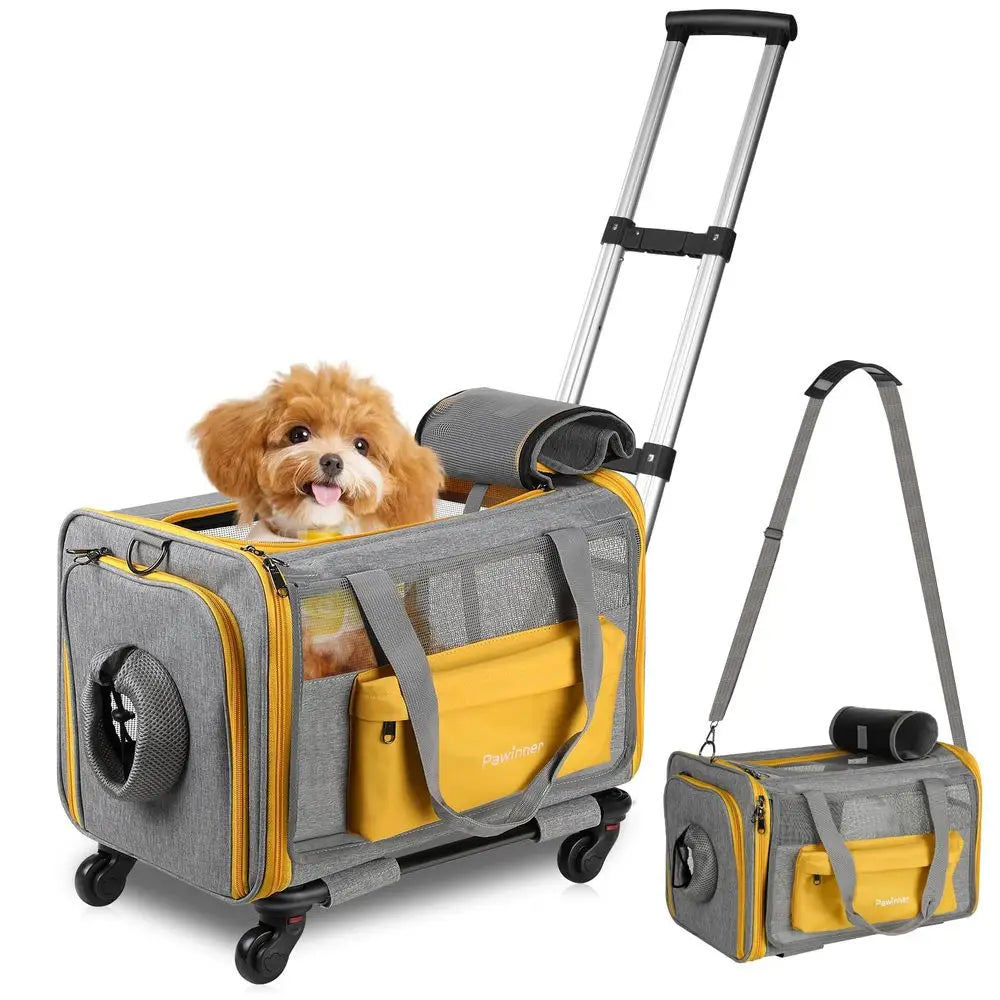 Pet Carrier with Wheels for Cats and Dogs Airline Approved, Large Cat Stroller Detachable Foldable Dog Trolley with Washable Pa