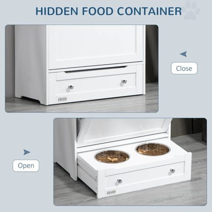 PINGGO Pet Feeder Station, Dog, Cat Storage Container, with Raised Bowls, Hanger, Cabinet Versatile and Easy to Manage - White