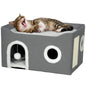 Pawhut Foldable Cat House with Scratching Post 3 Entrances Hanging Ball Reversible Cushion in Plush and Linen Type 60X40X34 cm Gray