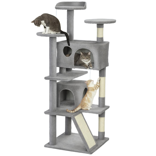 Pawhut Cat Scratching Post Height 138 cm Cat Tree with Multiple Levels Caves Hanging Balls and Hammocks Light Gray