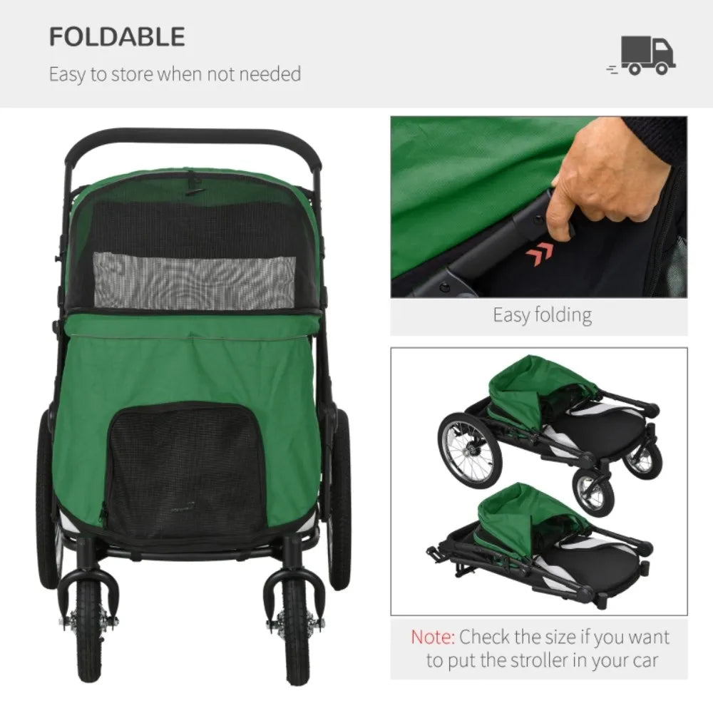 Foldable Pet Stroller with Washable Cushion, Storage Bags, Safety Leash for Medium and Large Dogs Cats Travel, Dark Green