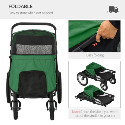 Foldable Pet Stroller with Washable Cushion, Storage Bags, Safety Leash for Medium and Large Dogs Cats Travel, Dark Green
