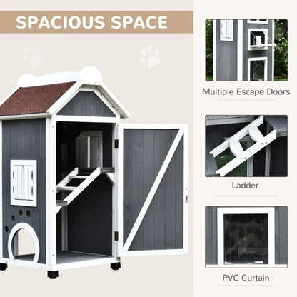 Wooden Cat House, Weatherproof Pet Shelter, Outdoor Cat Condos Cave, 2 Floor Furniture, Grey and White
