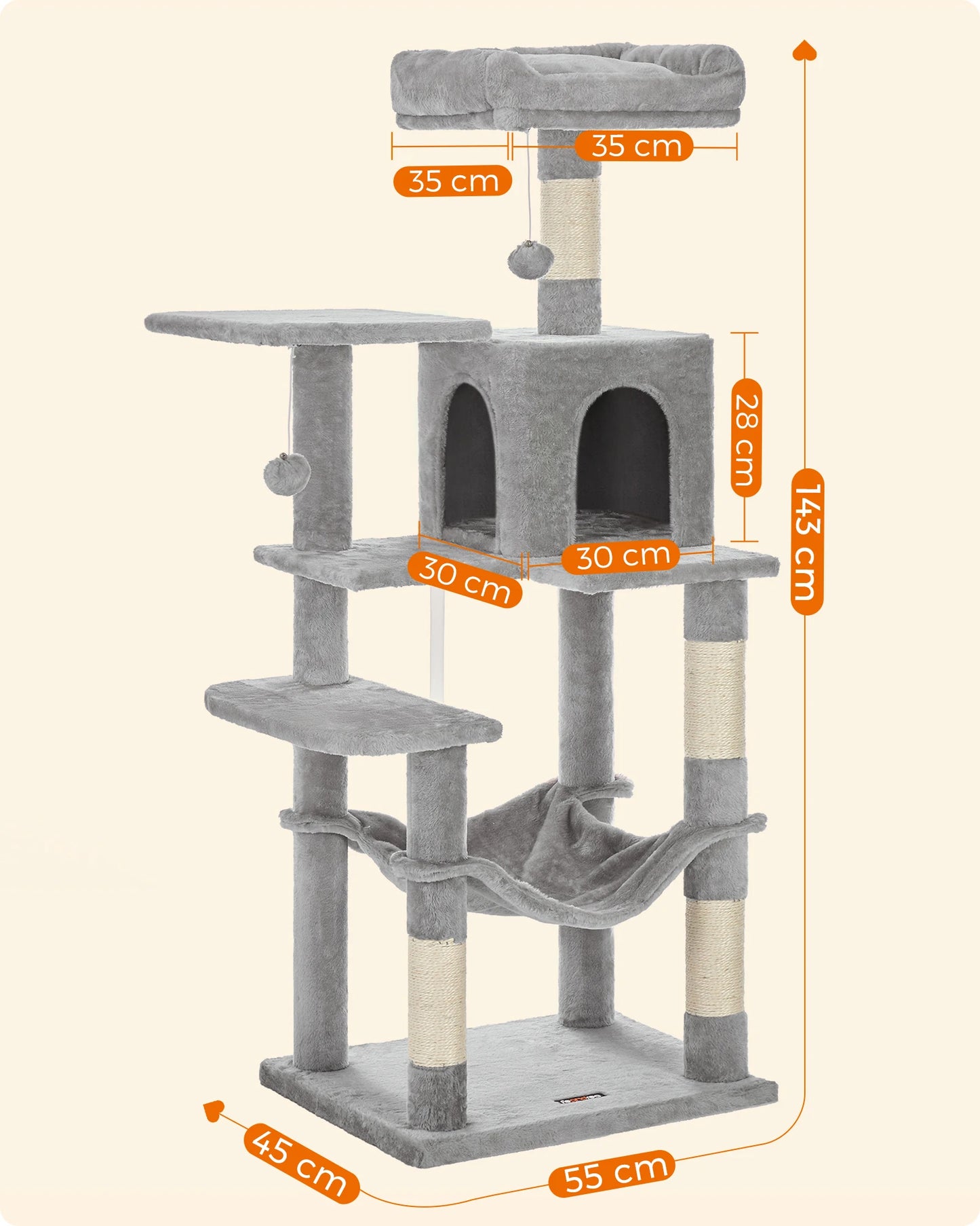 Feandrea scratching post, 143 cm high, cat tree, multi-storey cat house, with 4 scratching pillars, 2 platforms, hammock, Cave