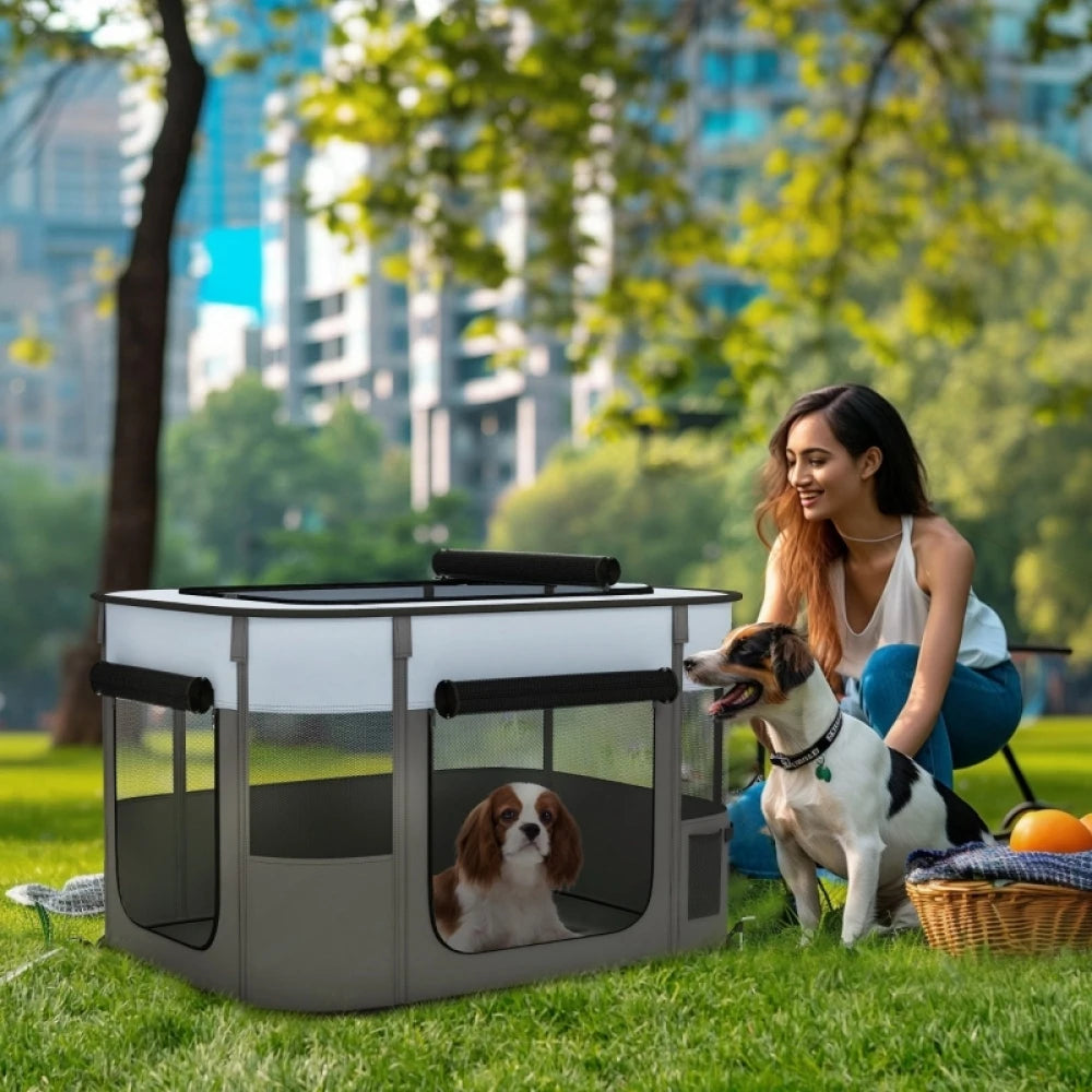 PINGGO Foldable Dog Pen with Storage Bag for Indoor/Outdoor Use, Portable Pet playpen, with Ground Stakes - Grey
