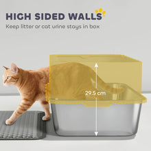PINGGO High Sided Stainless Steel Litter Box, Metal Cat Litter Tray with Metal Scoop, Litter Mat, Never Absorbs Odors, Grey