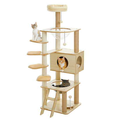 Wood Cat Tree with Spacious Condo Cozy Hammock Sisal Scratching Posts Multi-Level Tall Cat Tower for Indoor Large Cat Furniture