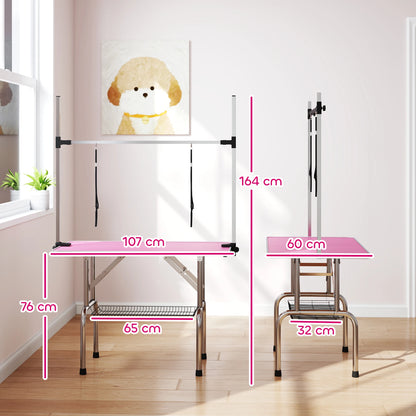 Pawhut Foldable Dog Grooming Table, Grooming Table with Metal Mesh Basket, Non-Slip Countertop, Adjustable Stainless Steel Bar, for Dogs, Cats, 107X60X164 Cm, Pink