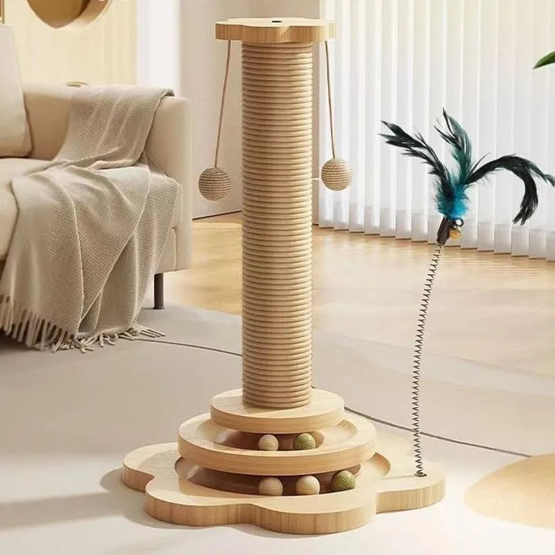 Cat Scratching Post, 4-in-1 Wooden Cat Scratching Toy, 46cm Tall Scratching Post with Horizontal Cat Tracking Ball and 2 Ball