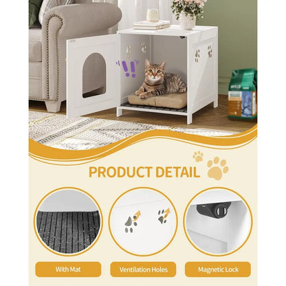 Cat Litter Box Enclosure, 52 cm L Hidden Litter Box Furniture, Wooden Indoor Pet House with Front Arched Door, Side End Table,