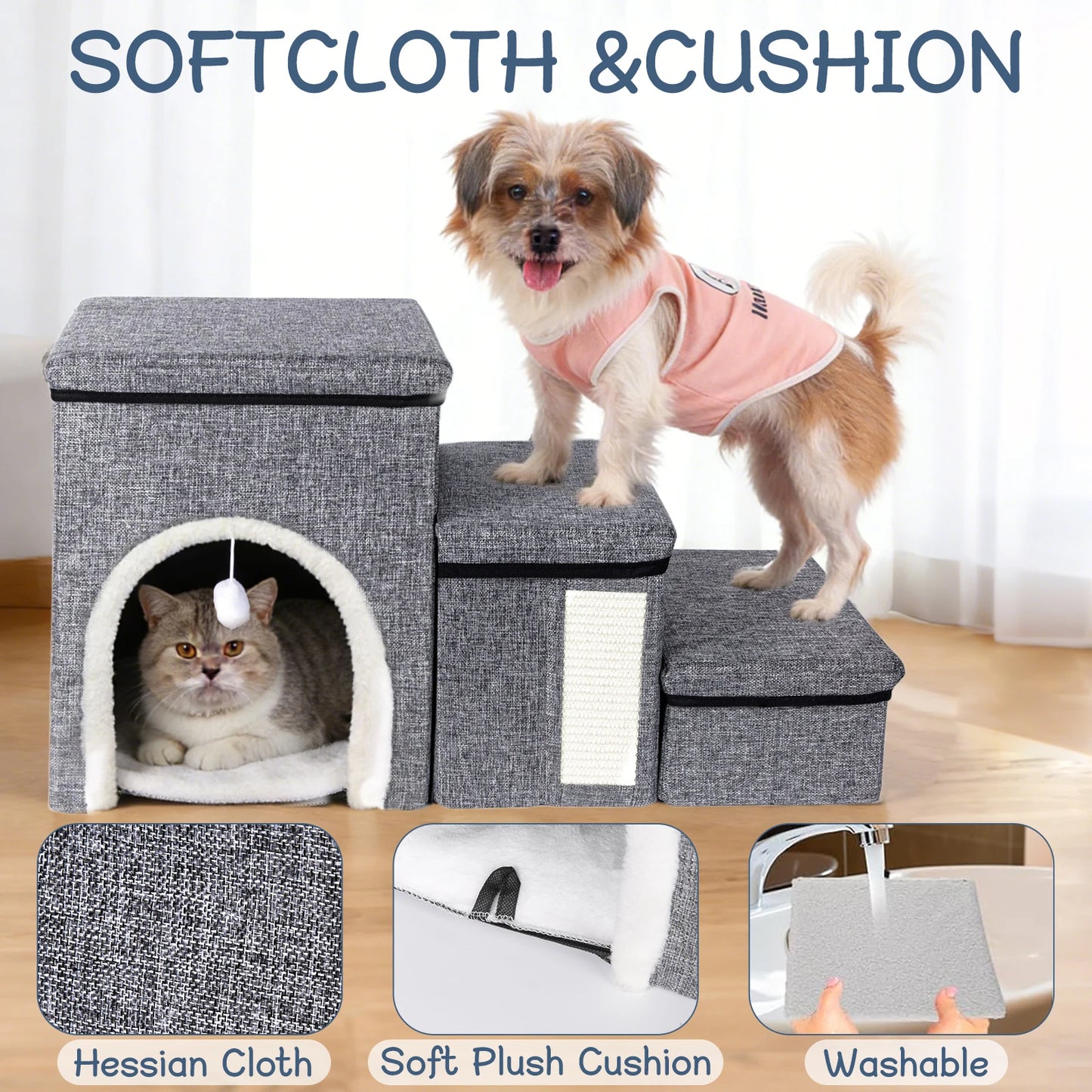 Multifunctional Dog Stairs 3 Step Pet Ramp with Storage & Rest Place Foldable Cat Dog Ladder for Bed Sofa Climbing Pet Furniture