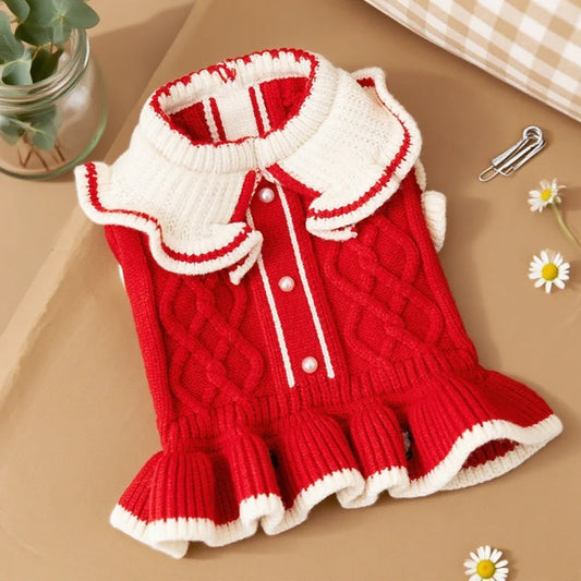 Winter Pet Dog Sweater - Luxury Knitted Princess Dress with Flower Print for Pets