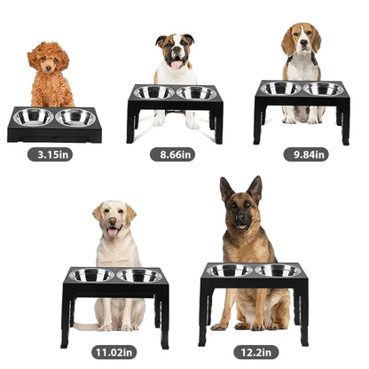 A Pet Feeding Station Featuring Two Stainless Steel Bowls, Designed with an Adjustable Height That Offers Five Different Levels