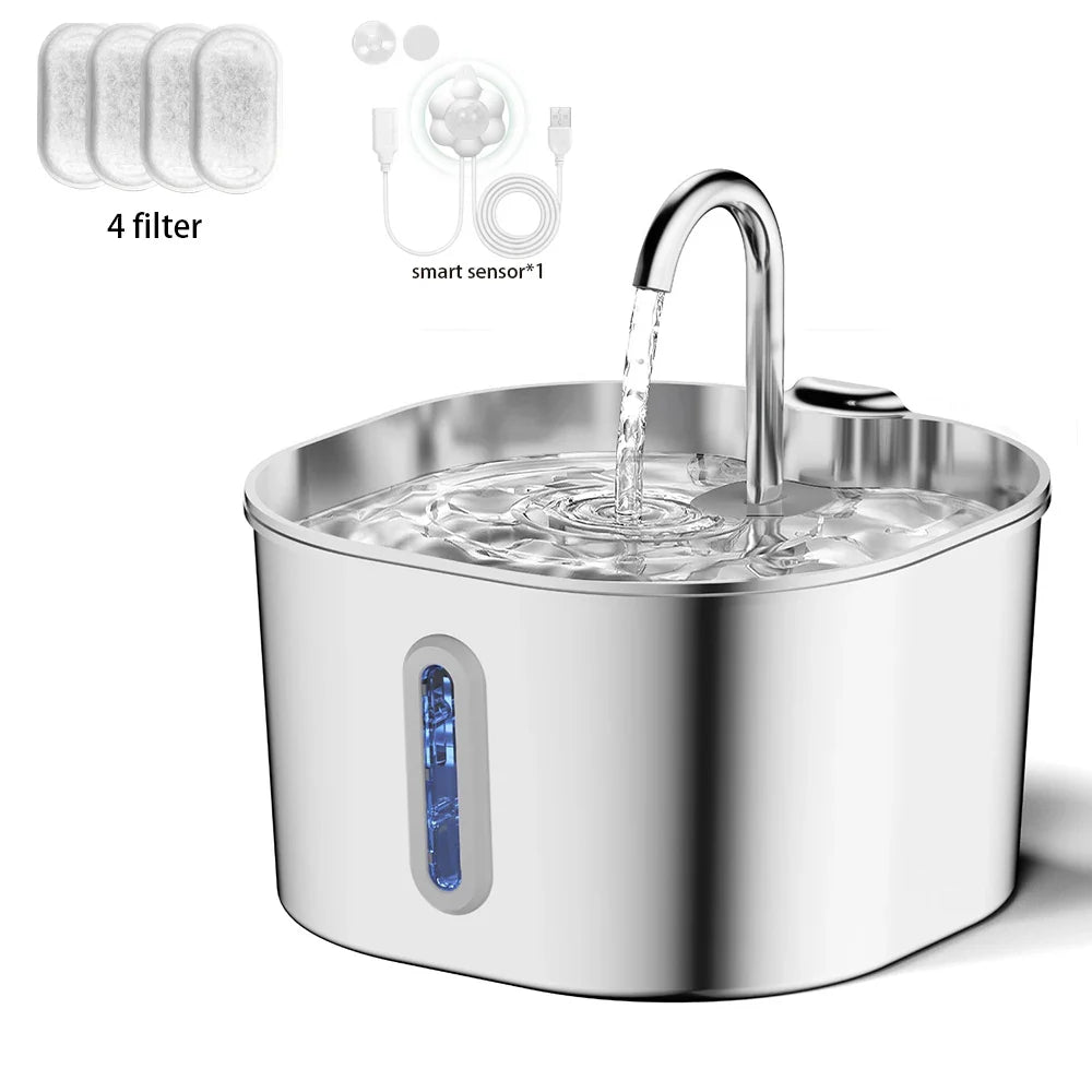 Cat Water Fountain 2.2L Stainless Steel — Artesian Flow, Ultra-Quiet Pump & Filter