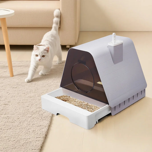 Tieker Creative Cute Cat Litter Box Pet House Shape Cat Toilet Large Capacity Splash-proof Deodorant