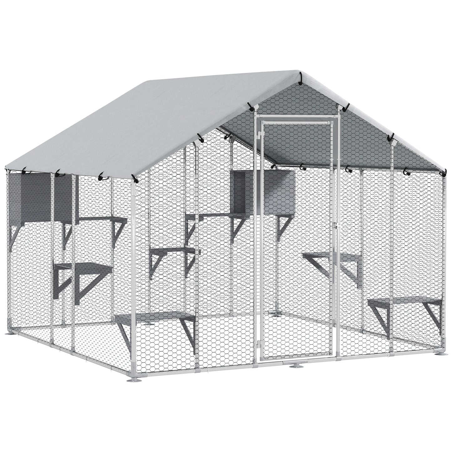 Pawhut Large Outdoor Cat Cage with 2 Houses and 7 Jumping Platforms Waterproof and Anti-Uv Cover 240X193X195 cm