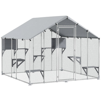 Pawhut Large Outdoor Cat Cage with 2 Houses and 7 Jumping Platforms Waterproof and Anti-Uv Cover 240X193X195 cm