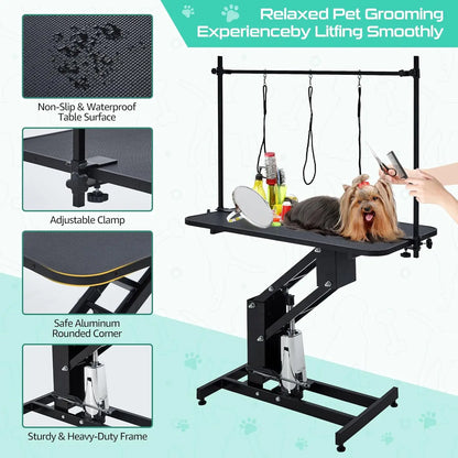 350Lbs Heavy Duty Hydraulic Dog Grooming Table Non Slip Adjustable Overhead Arm Step Pole For All Dogs Professional Pet Supplies