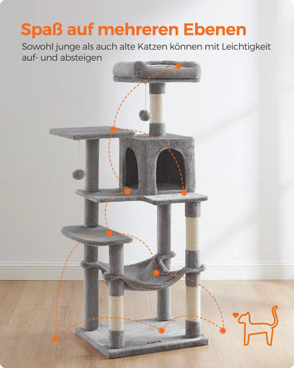 Feandrea scratching post, 143 cm high, cat tree, multi-storey cat house, with 4 scratching pillars, 2 platforms, hammock, Cave