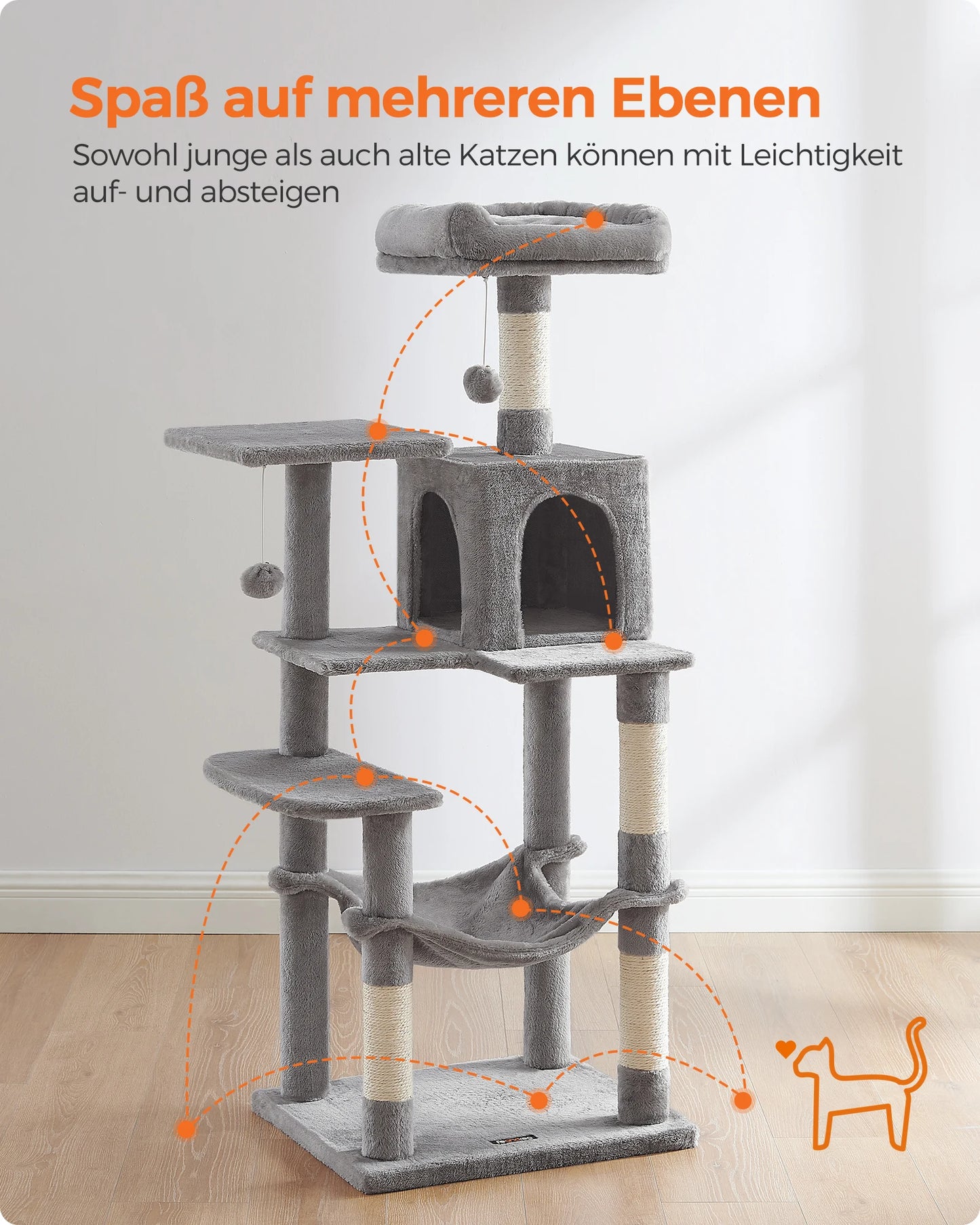 Feandrea scratching post, 143 cm high, cat tree, multi-storey cat house, with 4 scratching pillars, 2 platforms, hammock, Cave