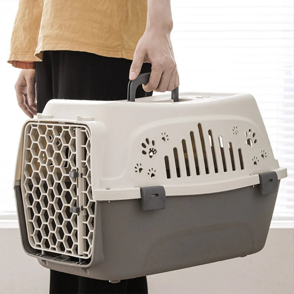 Pet Carrier Box Dog Transport Air Box Portable Cat Handheld Carrying Box with Breathable Window for Cats Dogs Beige 31x46x33cm