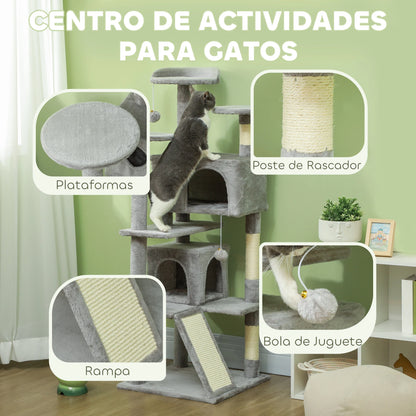 Pawhut Cat Scratching Post Height 138 cm Cat Tree with Multiple Levels Caves Hanging Balls and Hammocks Light Gray