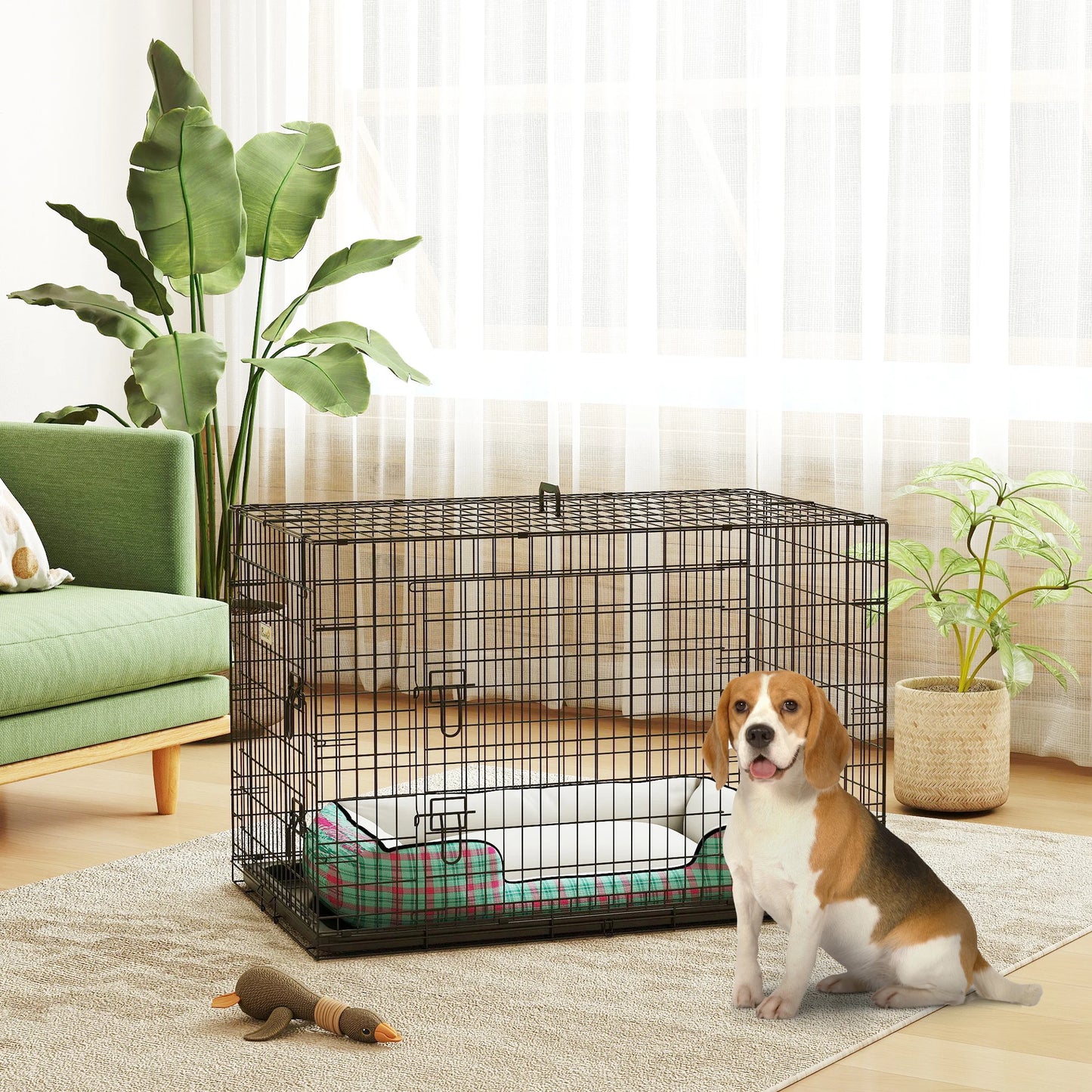 Pawhut Foldable Dog Cage Dog Carrier with 2 Doors Removable Tray Carrying Handle 92X57X62.5 cm Black