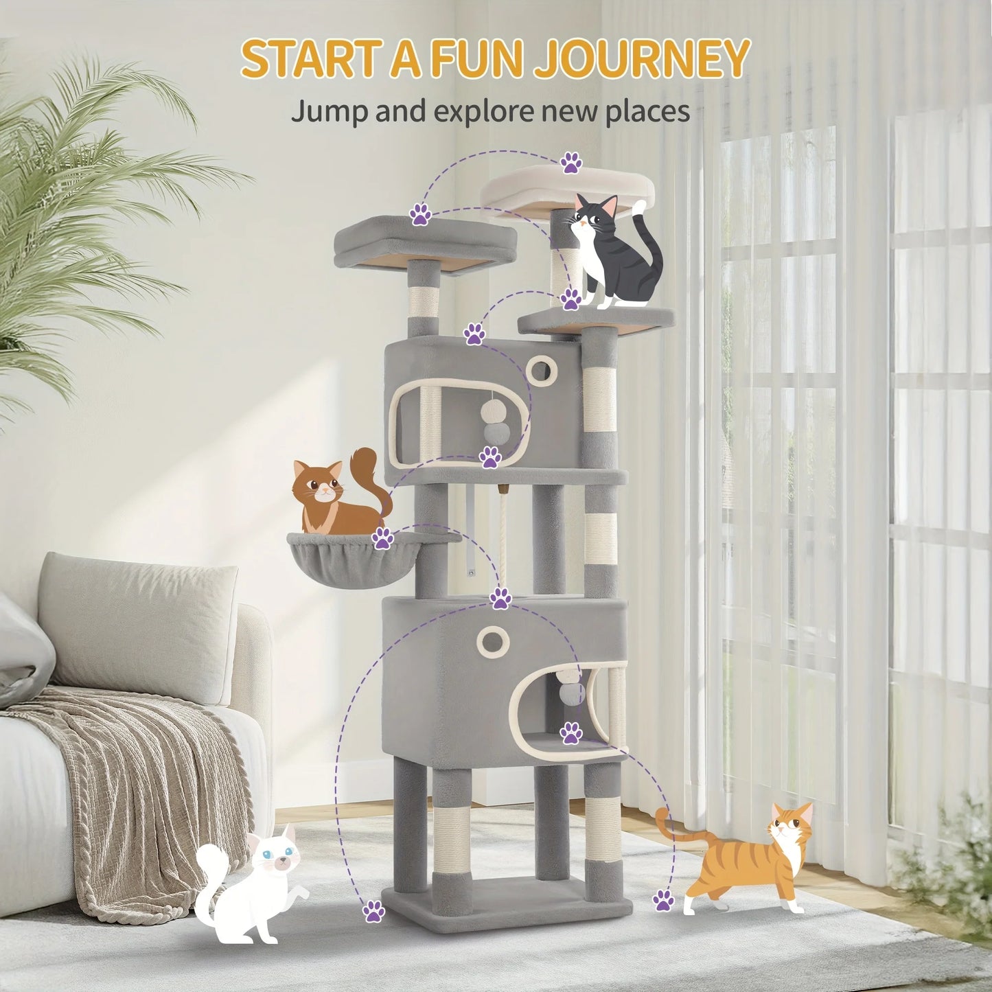 HZUANERI 180cm Multi-Level Cat Tree with 8 Scratching Posts, 3 Platforms, 2 Dens, Basket & Plush Balls - Durable Sisal Rope for Indoor Cats of All Sizes, Space-Saving Design for Climbing, Resting & Play, Cat Climbing Tower, Pet Activity Center, Modern Pet