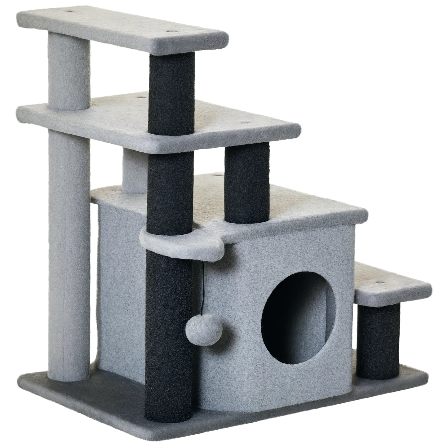 Pawhut Pawhut 4-Step Cat Stairs Adjustable Pet Step with Cave and Hanging Ball 60X40X66 cm Gray