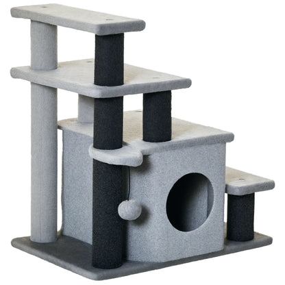 Pawhut Pawhut 4-Step Cat Stairs Adjustable Pet Step with Cave and Hanging Ball 60X40X66 cm Gray