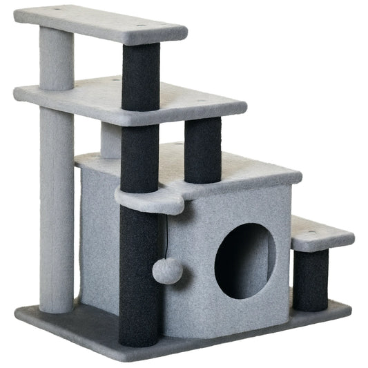Pawhut Pawhut 4-Step Cat Stairs Adjustable Pet Step with Cave and Hanging Ball 60X40X66 cm Gray