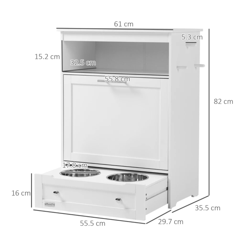 PINGGO Pet Feeder Station, Dog, Cat Storage Container, with Raised Bowls, Hanger, Cabinet Versatile and Easy to Manage - White