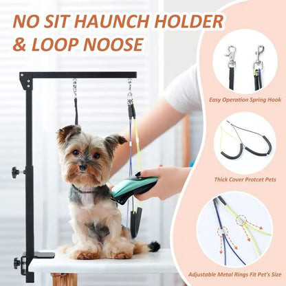 Grooming Arm with Clamp, Adjustable Dog Grooming Table Arm with Two No Sit Haunch Holder amp Hammock Harness, Foldable Pet Groo
