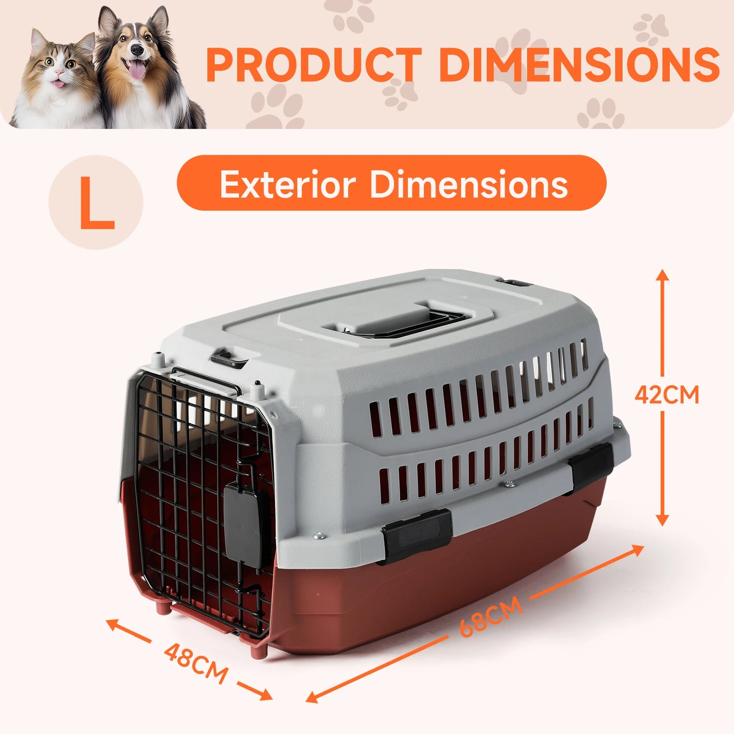 Nobleza Large Cat Dog Carrier, Portable and Breathable Dog Carrier for Cats, Pet Dogs Cats Accessories, Plastic Carrier, 68X48X42 Cm, Red & Gray