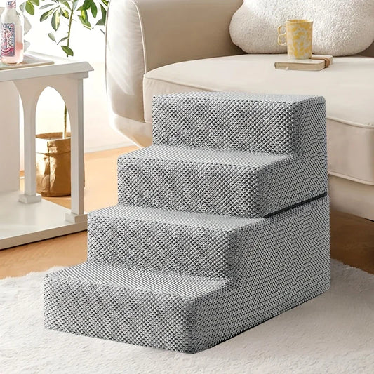 4-Step Foam Pet Stairs - Removable Washable Cover - Non-Slip Dog & Cat Ramp - Bed Sofa Car