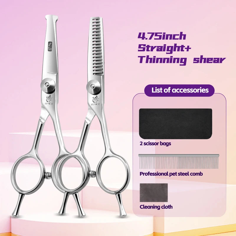 Fenice 4.75 Inch Safety Round Tip Pet Dog Cat Grooming Scissors Straight/Curved/Thinning Shears for Eyes/Face/Foot/Nose