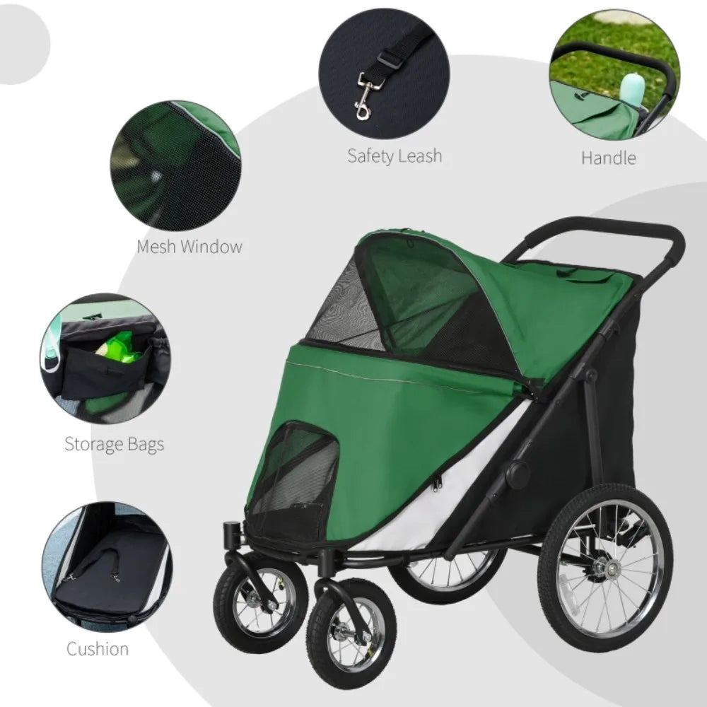 Foldable Pet Stroller with Washable Cushion, Storage Bags, Safety Leash for Medium and Large Dogs Cats Travel, Dark Green